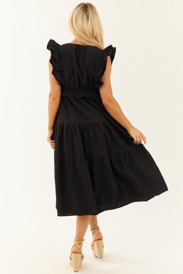 Black V Neck Smocked Waist Cap Sleeve Midi Dress - Image 6