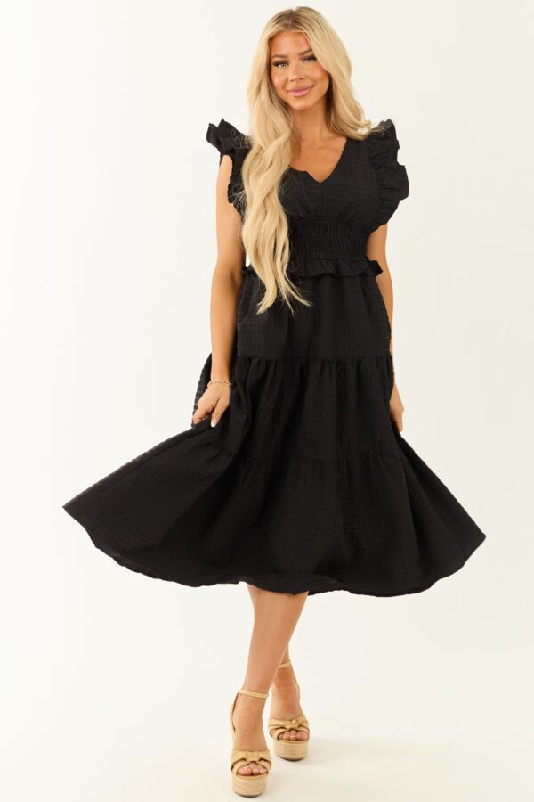 Black V Neck Smocked Waist Cap Sleeve Midi Dress - Image 3