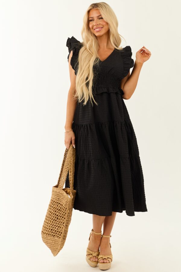 Black V Neck Smocked Waist Cap Sleeve Midi Dress - Image 4