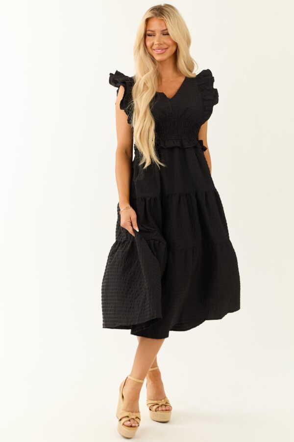 Black V Neck Smocked Waist Cap Sleeve Midi Dress - Image 2