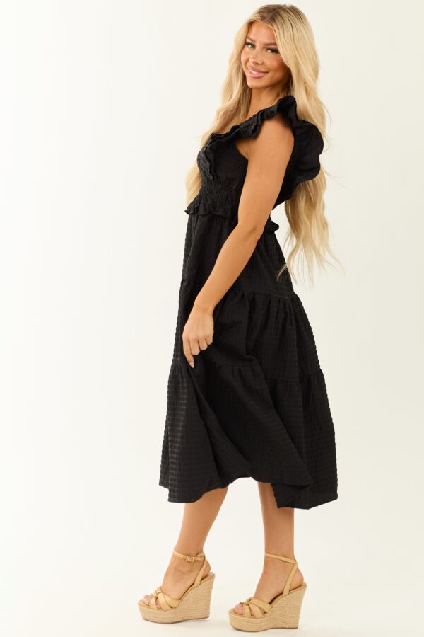 Black V Neck Smocked Waist Cap Sleeve Midi Dress - Image 5