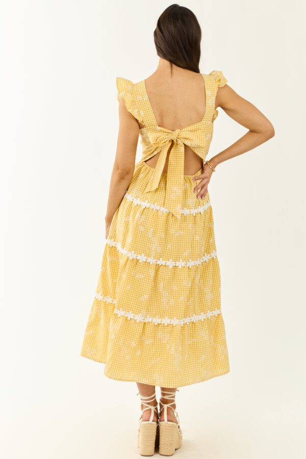 Yellow Gingham Floral Embroidery Midi Dress - Image 6