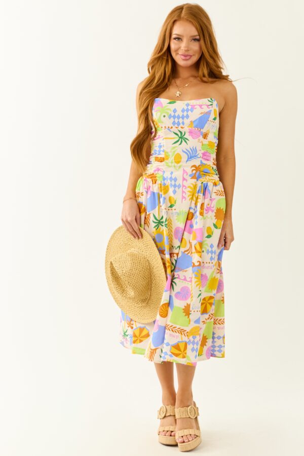 Champagne Abstract Print Strapless Cotton Midi Dress - Image 3