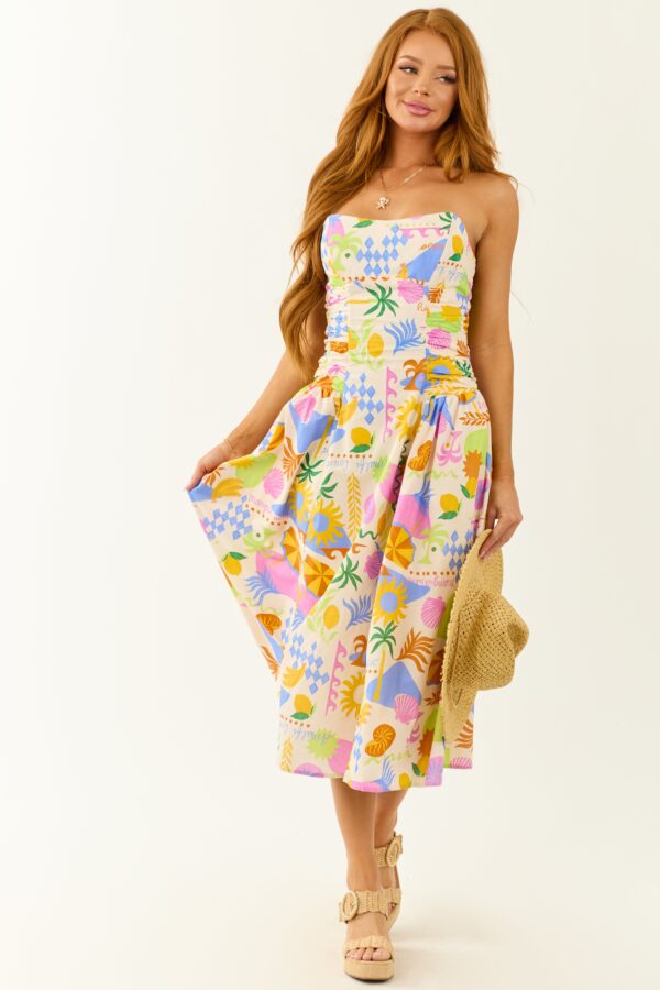 Champagne Abstract Print Strapless Cotton Midi Dress - Image 2