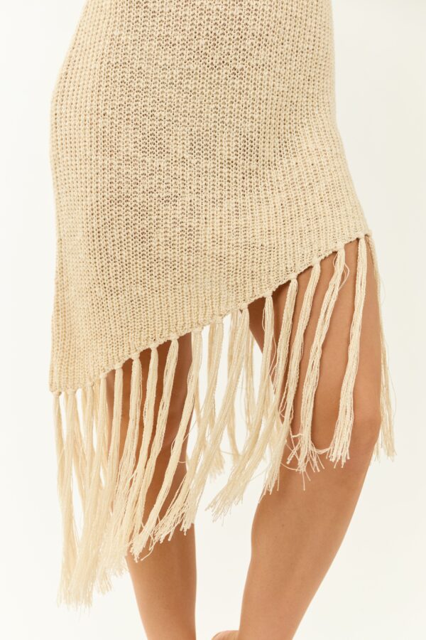 Cream Asymmetrical Tassel Hem Knit Midi Dress - Image 7