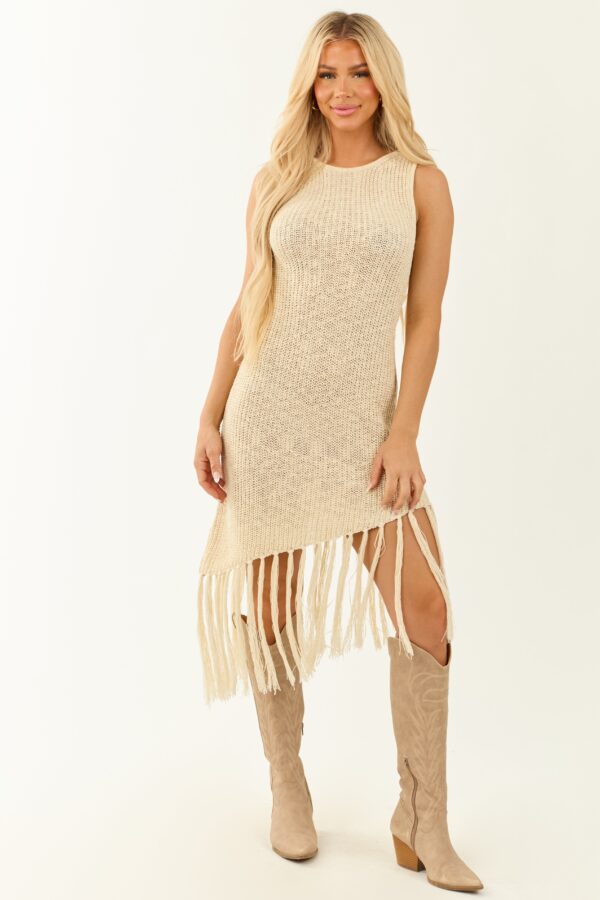 Cream Asymmetrical Tassel Hem Knit Midi Dress