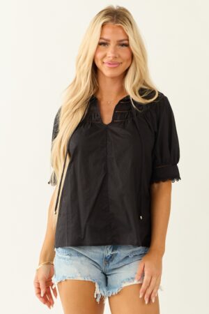 Black Notch Neck Cotton Half Sleeve Top