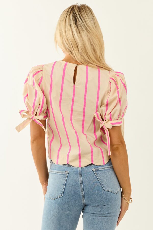 Cream Striped Half Puff Sleeve Cotton Top - Image 5