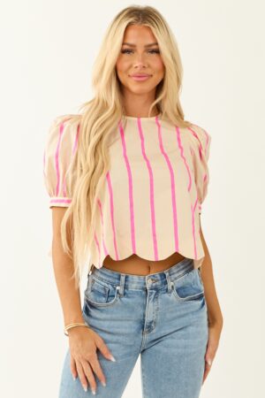 Cream Striped Half Puff Sleeve Cotton Top
