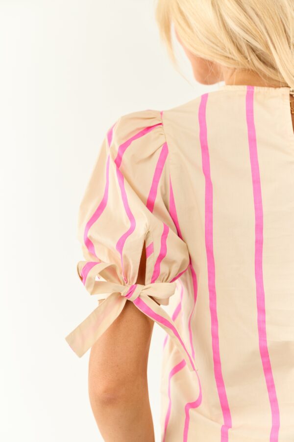 Cream Striped Half Puff Sleeve Cotton Top - Image 6