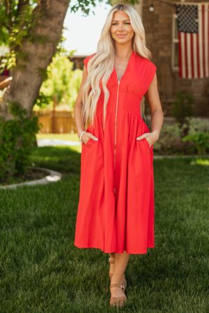Lipstick Sleeveless Zipper Front Midi Dress