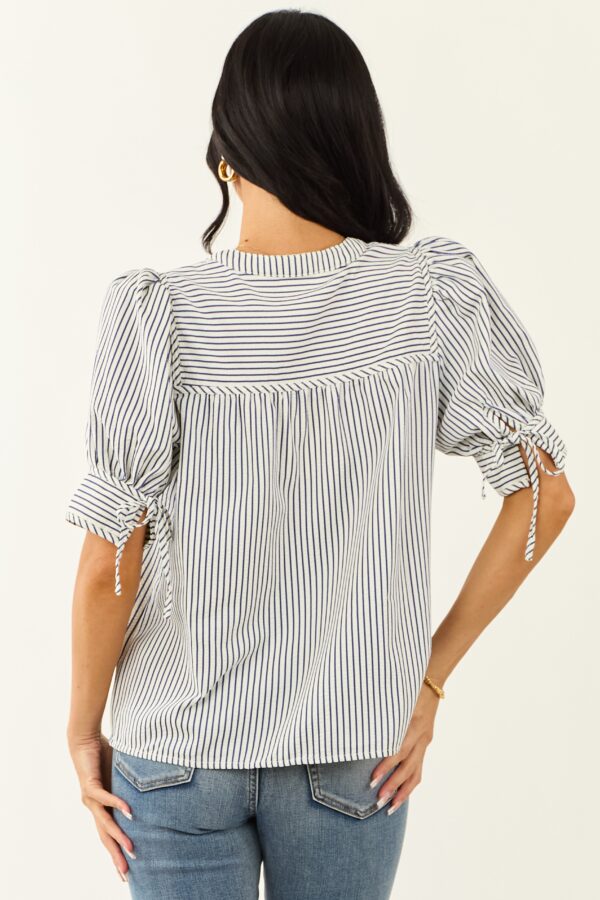 Navy and Ivory Striped Half Puff Sleeve Top - Image 6