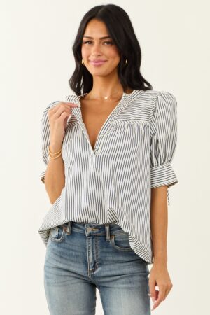 Navy and Ivory Striped Half Puff Sleeve Top