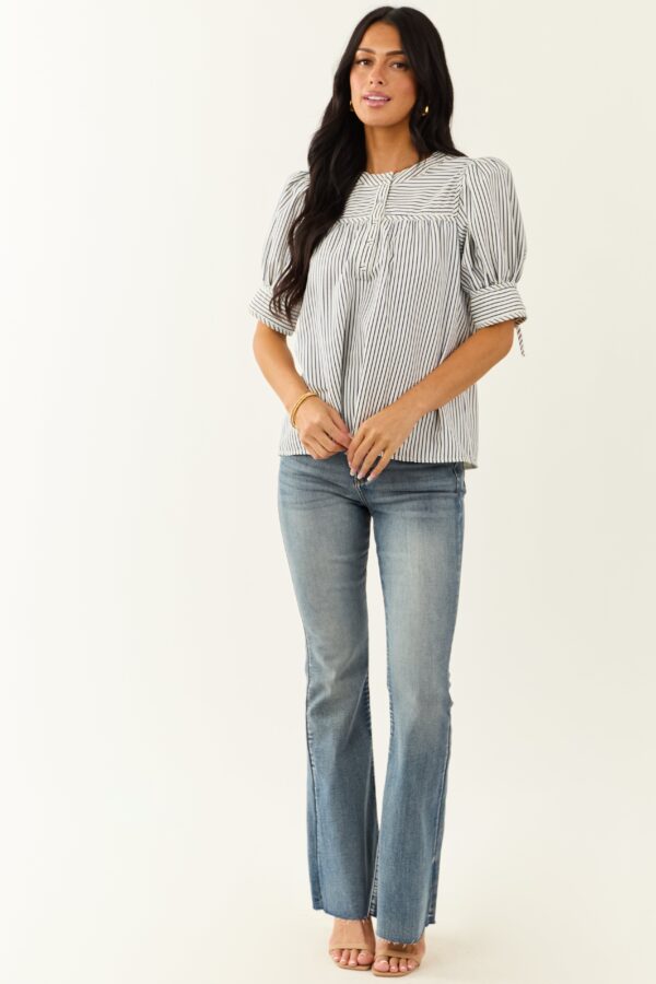 Navy and Ivory Striped Half Puff Sleeve Top - Image 2