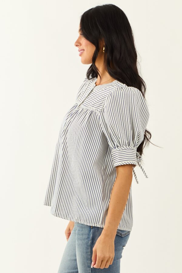 Navy and Ivory Striped Half Puff Sleeve Top - Image 5