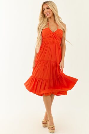 Halter Neck Tie Ruched Tiered Midi Dress