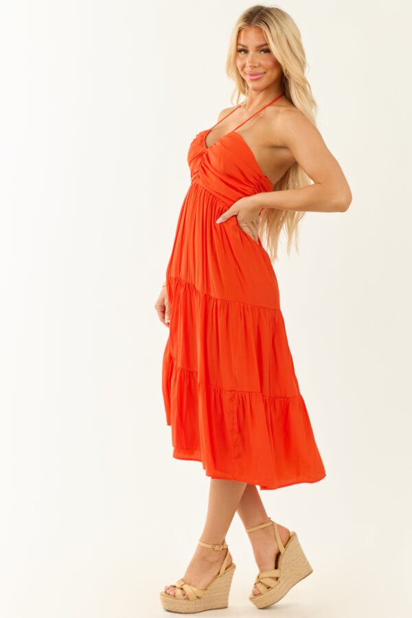 Halter Neck Tie Ruched Tiered Midi Dress - Image 4