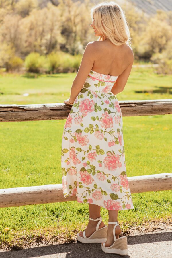 Ivory Floral Cotton Strapless Midi Dress - Image 6