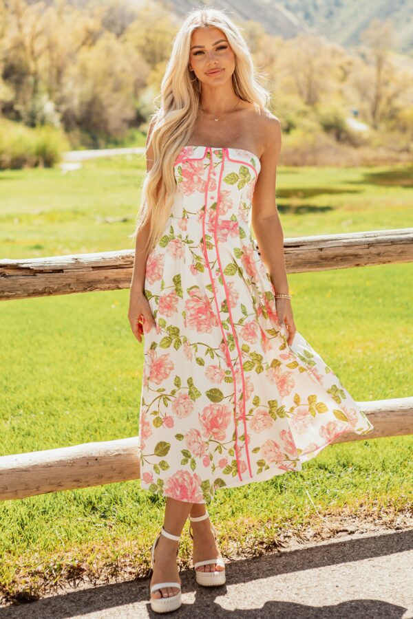 Ivory Floral Cotton Strapless Midi Dress - Image 4