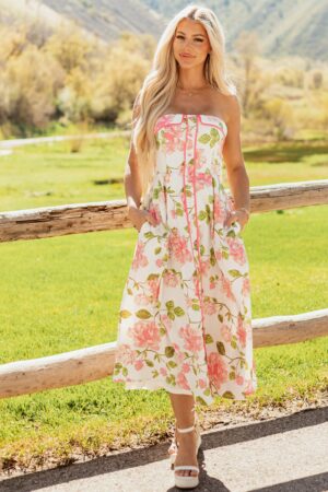 Ivory Floral Cotton Strapless Midi Dress