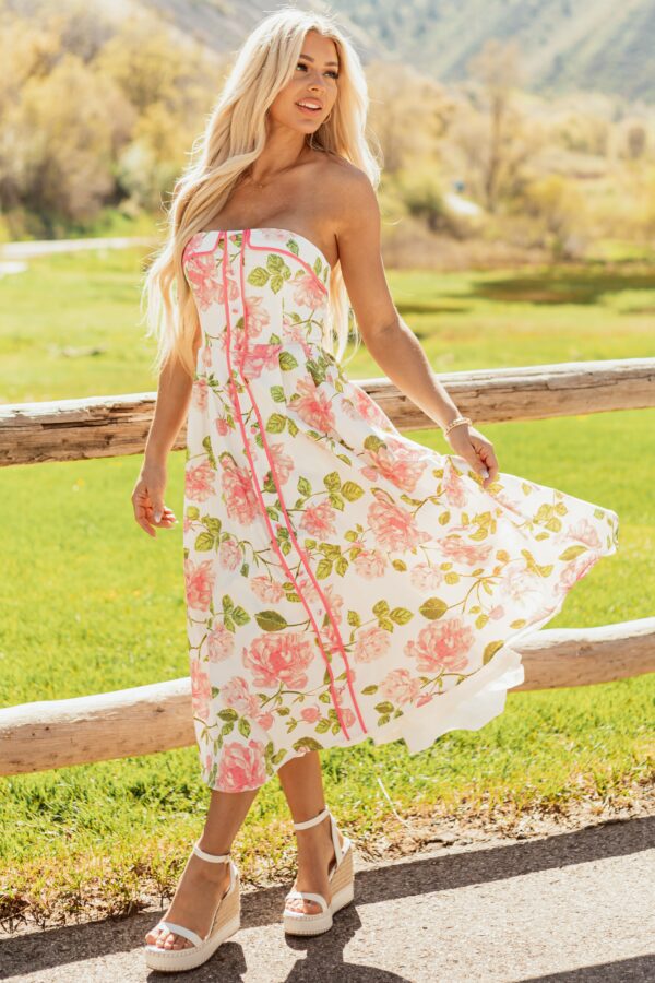 Ivory Floral Cotton Strapless Midi Dress - Image 2