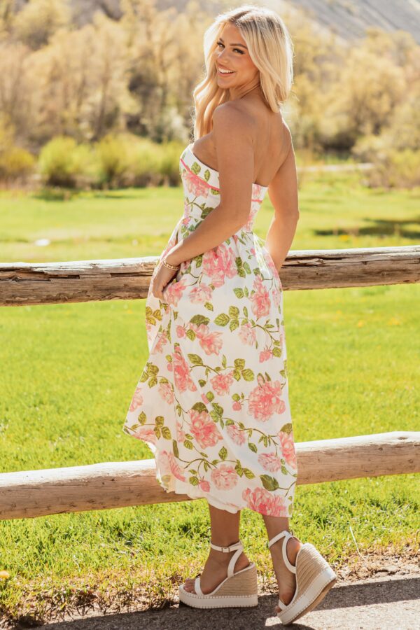 Ivory Floral Cotton Strapless Midi Dress - Image 5