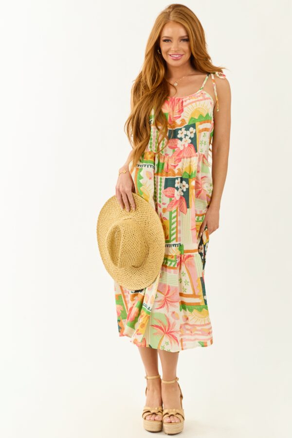 Ivory Abstract Print Tie Straps Midi Dress - Image 2