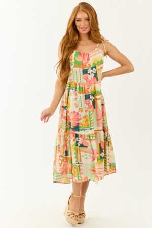 Ivory Abstract Print Tie Straps Midi Dress