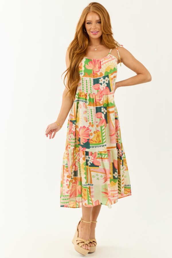 Ivory Abstract Print Tie Straps Midi Dress