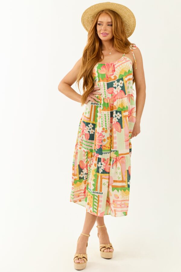 Ivory Abstract Print Tie Straps Midi Dress - Image 3