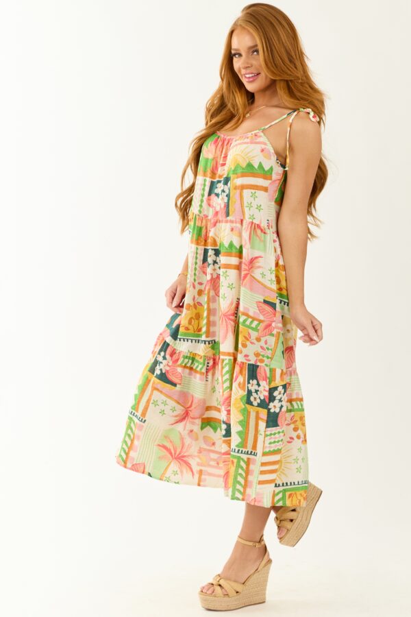 Ivory Abstract Print Tie Straps Midi Dress - Image 4