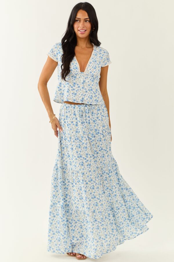 Ivory Floral Deep V Cap Sleeve Button Up Blouse - Image 6