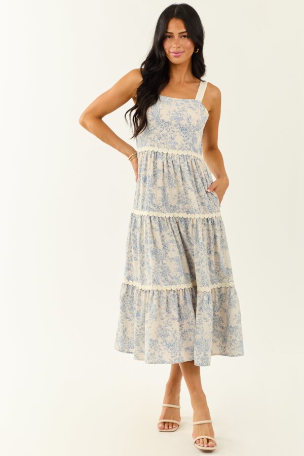 Ivory French Toile Print Sleeveless Tiered Midi Dress - Image 3