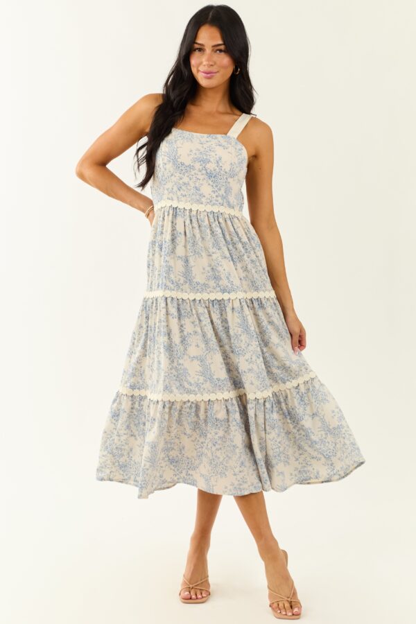 Ivory French Toile Print Sleeveless Tiered Midi Dress - Image 4