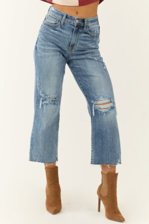 Light Wash Distressed Wide Crop Jeans