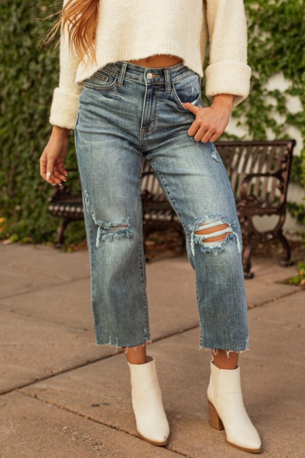 Light Wash Distressed Wide Crop Jeans - Image 2