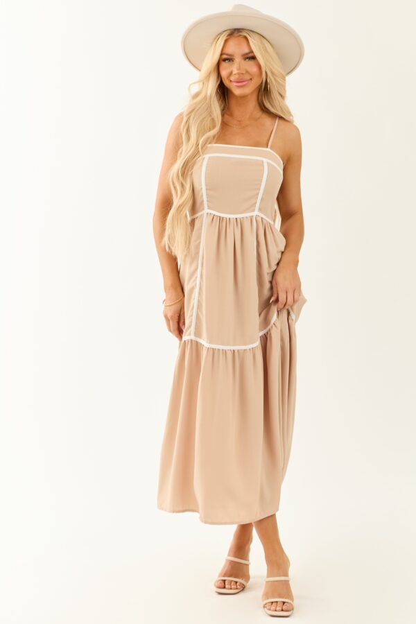 Light Latte Sleeveless Contrast Midi Dress - Image 3