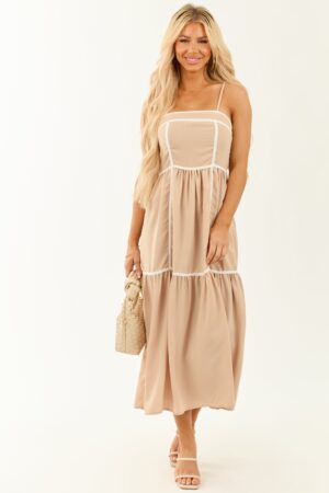 Light Latte Sleeveless Contrast Midi Dress