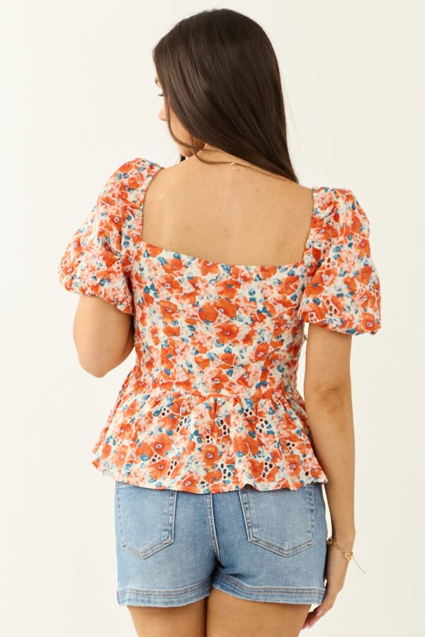 Floral Print Short Puff Sleeve Cotton Top - Image 6
