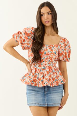 Floral Print Short Puff Sleeve Cotton Top