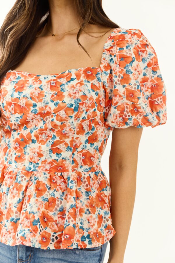 Floral Print Short Puff Sleeve Cotton Top - Image 7