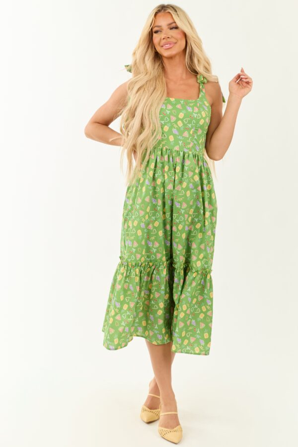 Green Fruit Print Tie Strap Midi Dress - Image 4