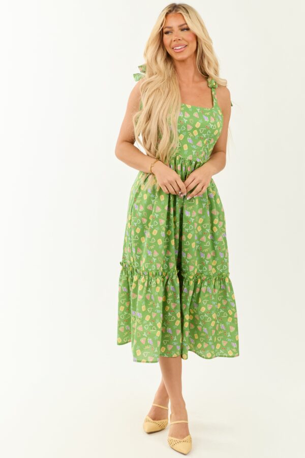 Green Fruit Print Tie Strap Midi Dress - Image 2