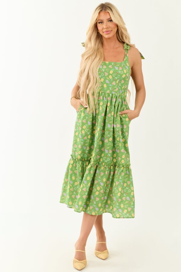 Green Fruit Print Tie Strap Midi Dress - Image 3