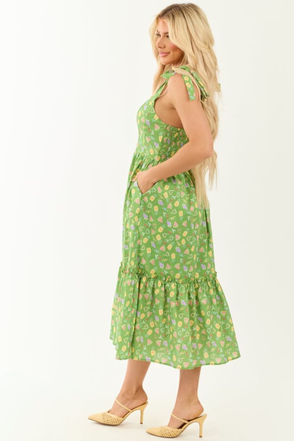 Green Fruit Print Tie Strap Midi Dress - Image 5