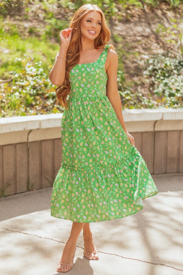 Green Fruit Print Tie Strap Midi Dress
