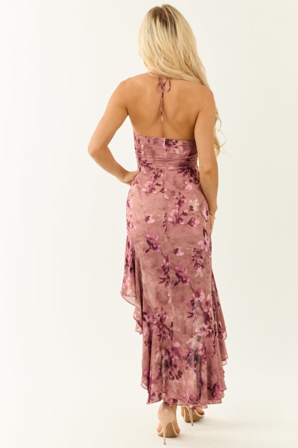 Mauve Halter Neck Asymmetrical Ruffle Hem Midi Dress - Image 5