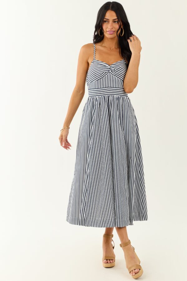 Off White and Navy Striped Sweetheart Midi Dress - Image 2