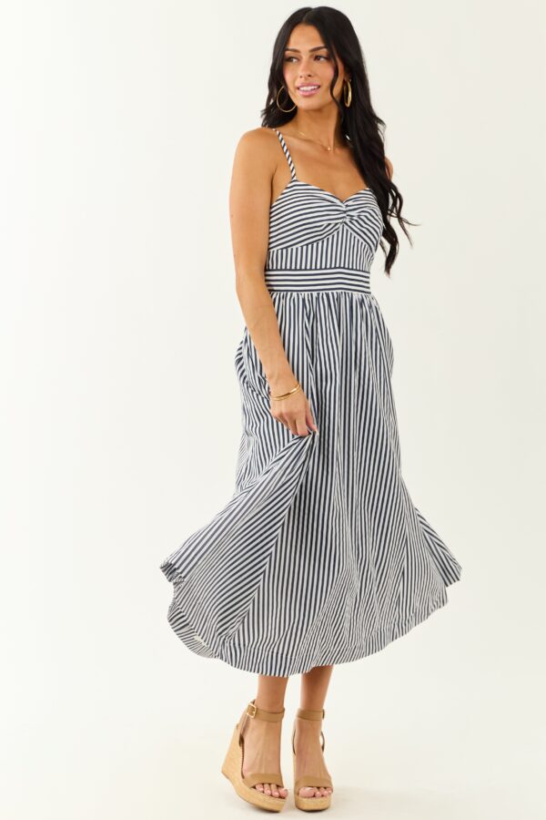 Off White and Navy Striped Sweetheart Midi Dress - Image 3