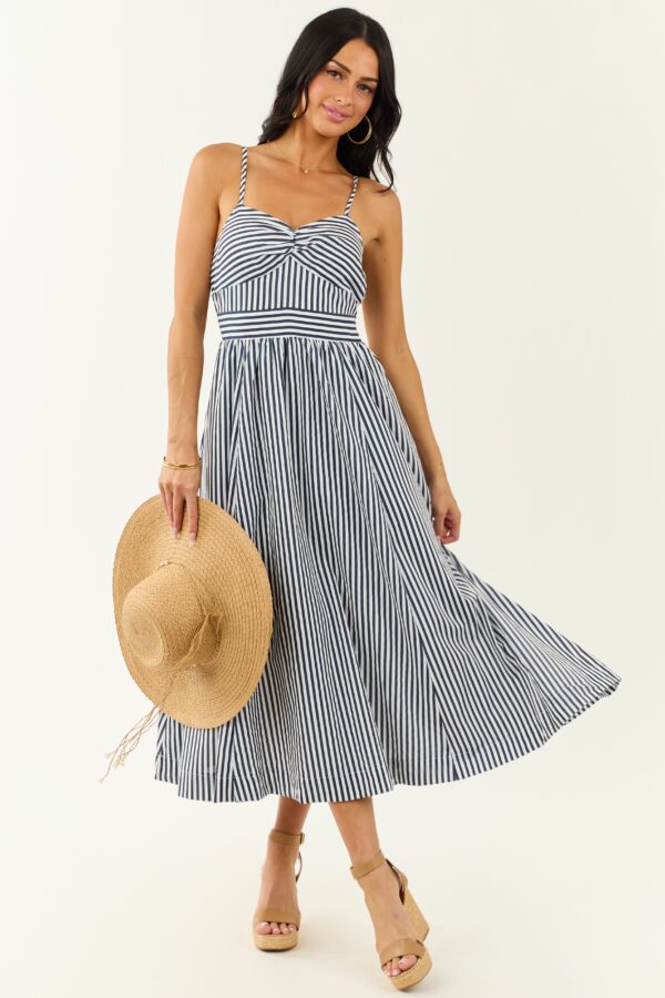Off White and Navy Striped Sweetheart Midi Dress - Image 4